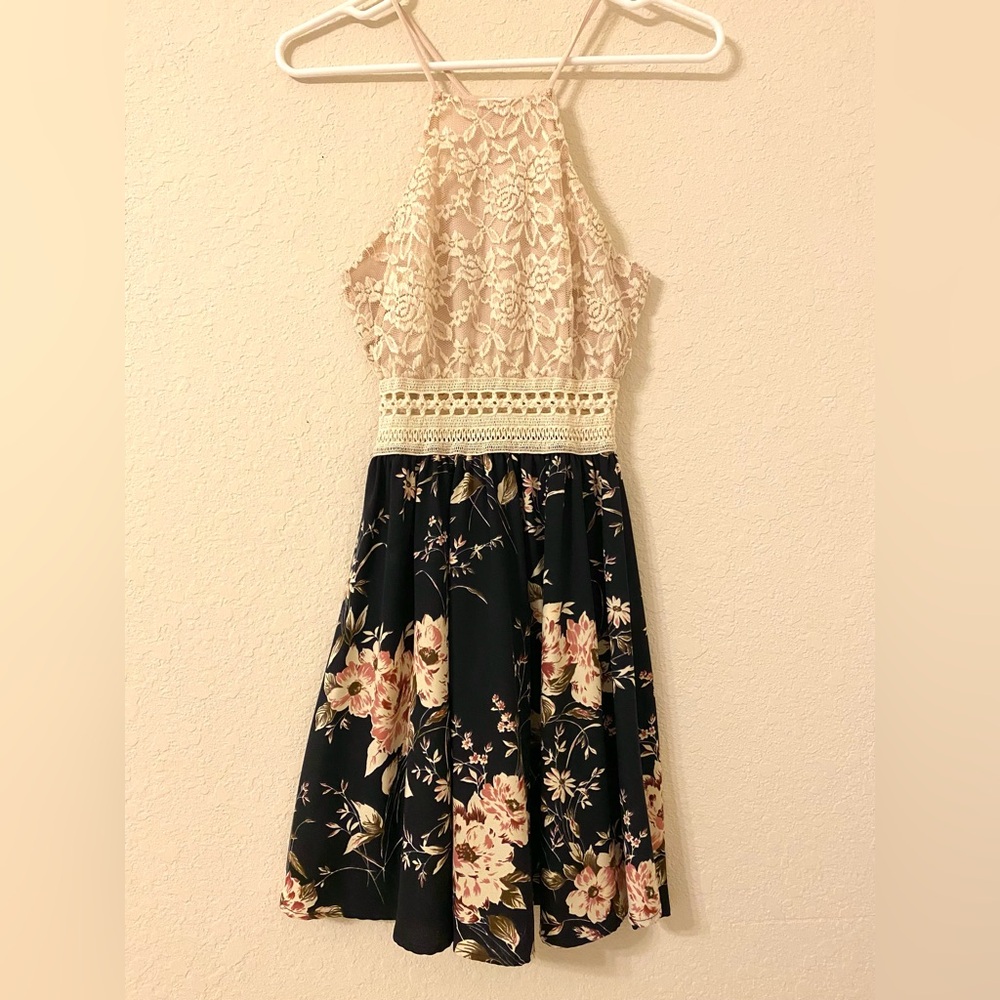 Halter Floral Dress with Crochet/Lace Detailing